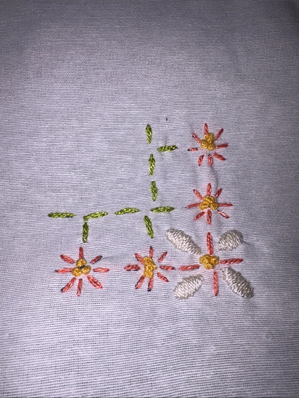 Embroidered Floral Crochet-Edge Linen - square White with Coral Flowers